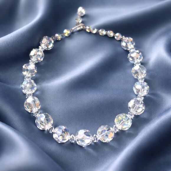 Estate Jewelry - Vtg Crystal Necklace Aurora Borealis Adjustable 3 1/4” Beads 16” Collectible